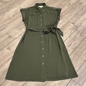 GUC MICHAEL Michael Kors Olive Button-Front Midi Shirt Dress with Tie Belt